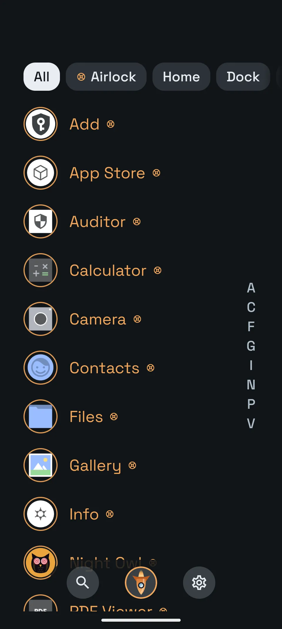 App drawer with the Airlock open; contained apps wear amber rings and hatch glyphs