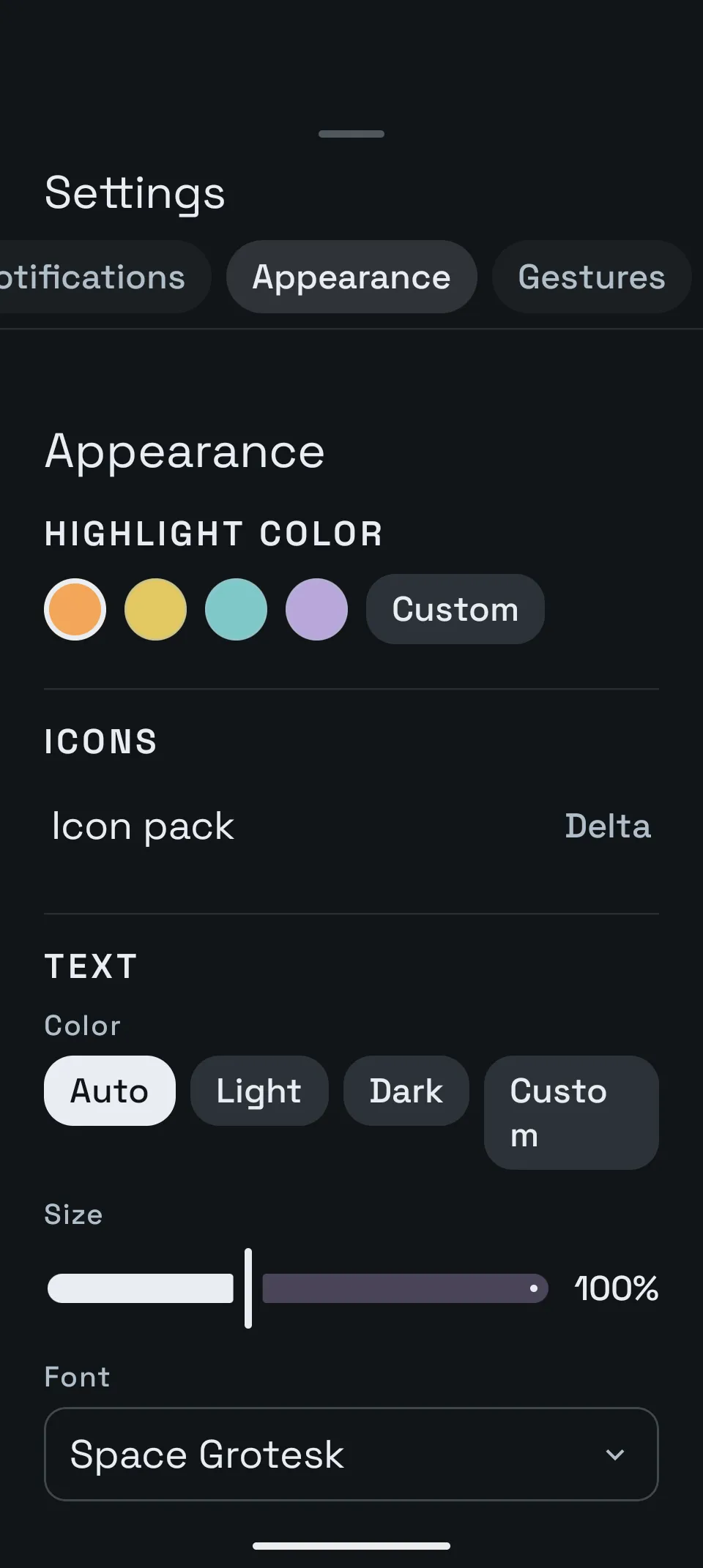Appearance settings with highlight color, icon pack, text color, and font