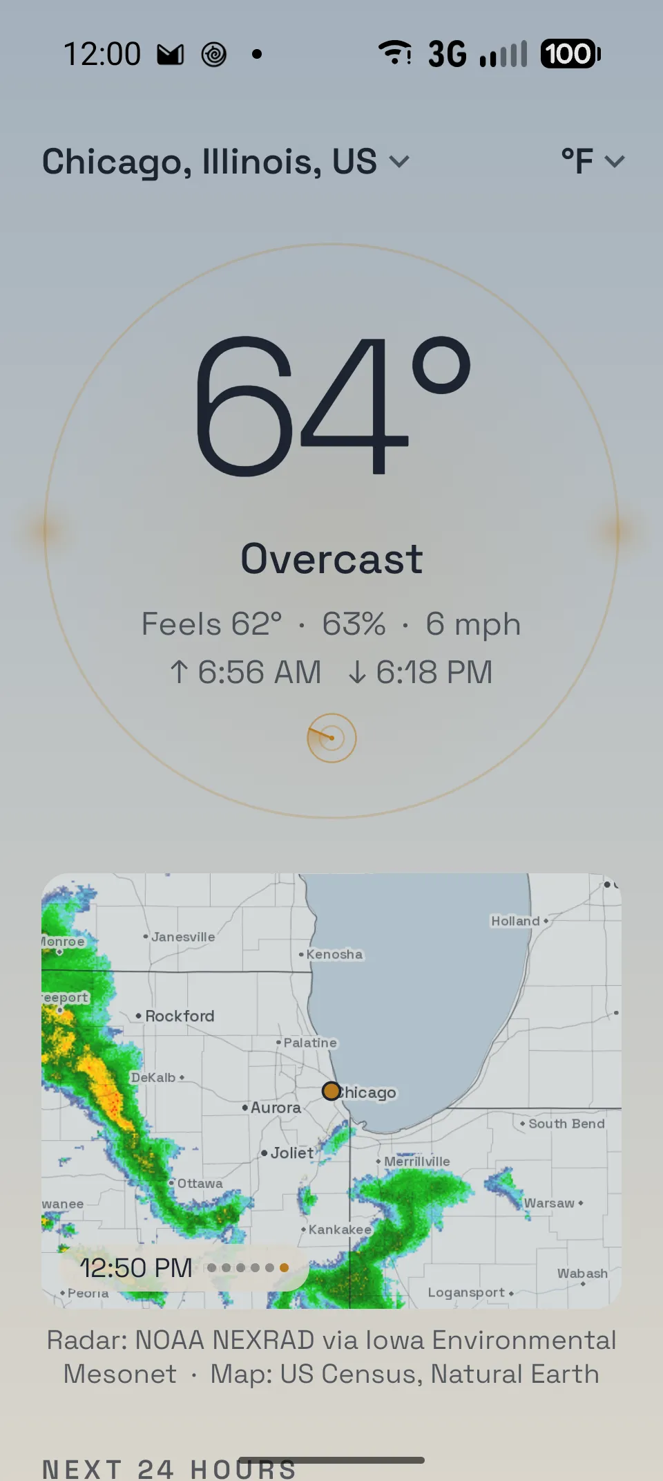 The radar card open, showing NEXRAD storm imagery over northern Illinois