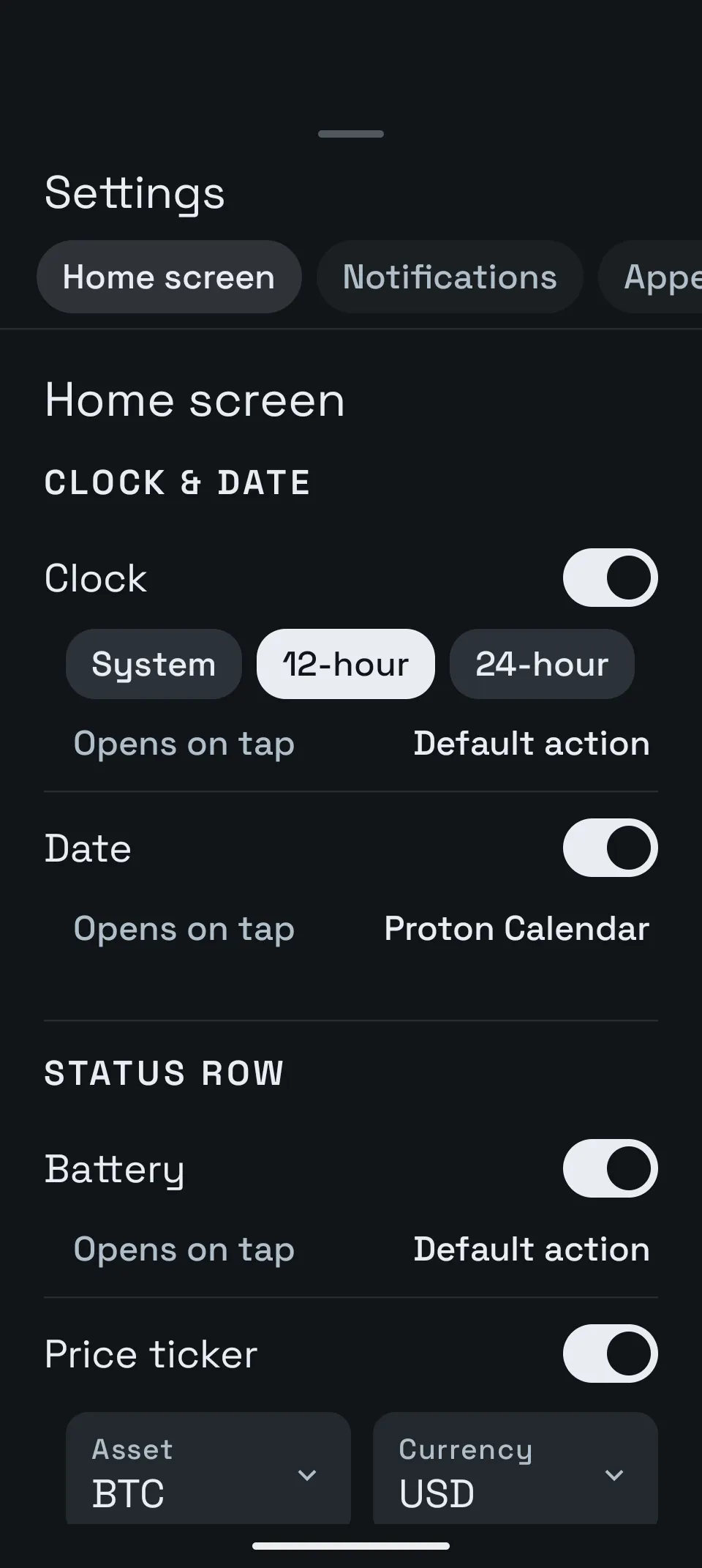 Home screen settings for clock, date, battery, and price ticker